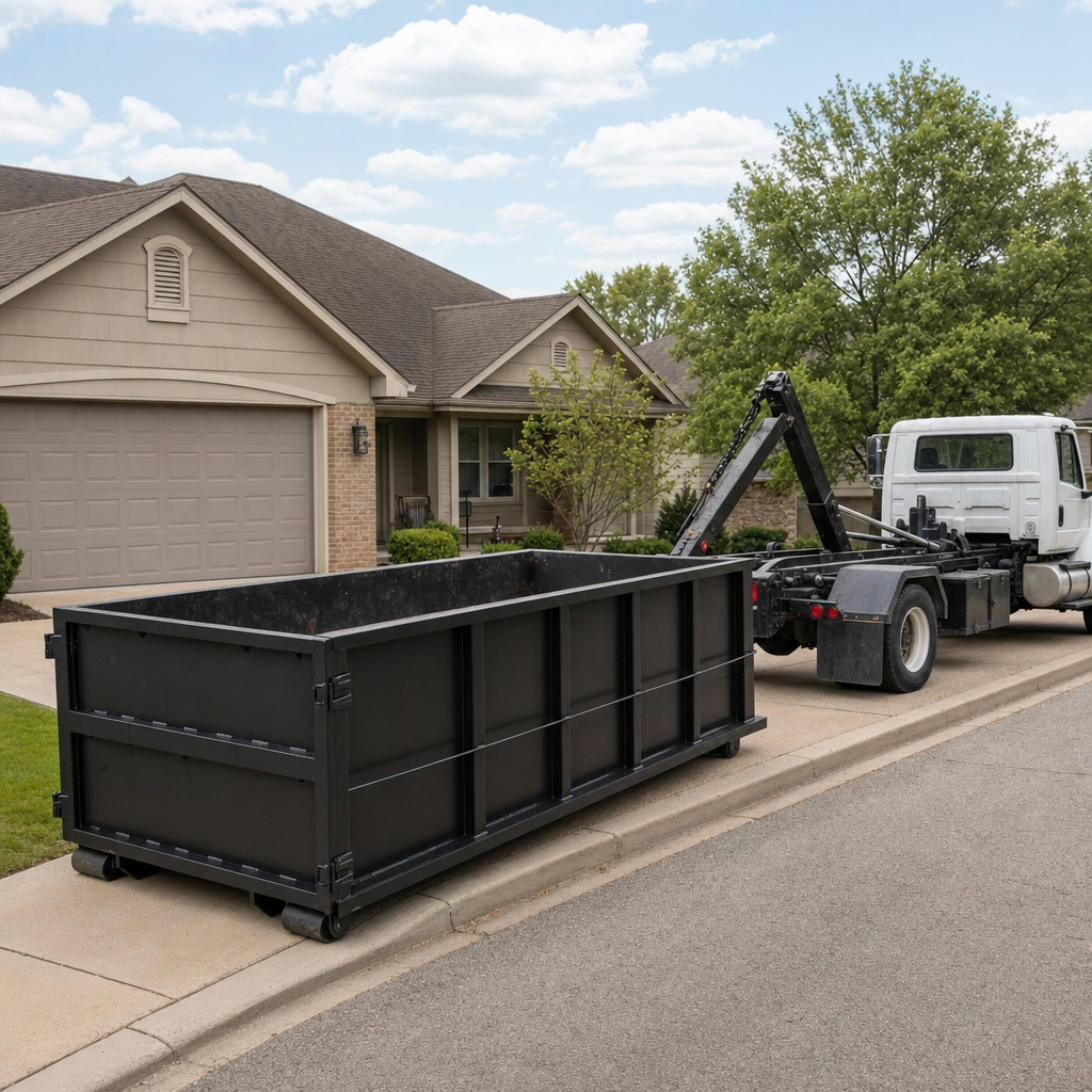 Wide documentary shot of a matte-black roll-off dumpster on a Nashville residential driveway in the foreground and a contractor jobsite container in the soft-focus background, bright daylight, calm and orderly composition.
